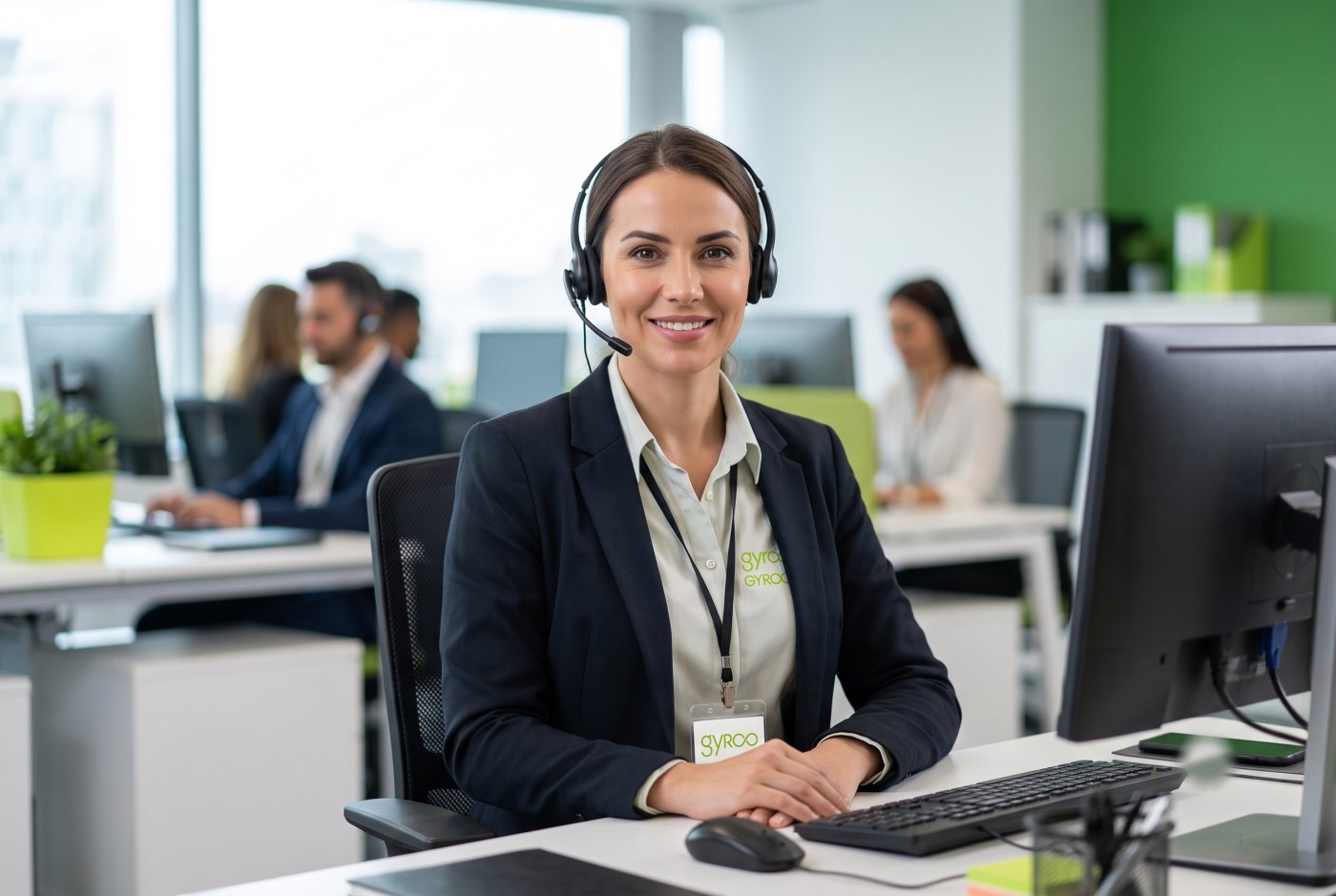Atendente de suporte com headset e crachá da Gyroo, sorrindo em um escritório de backoffice